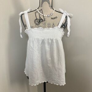 White Smocked Sleeveless Babydoll Top with Tie Straps